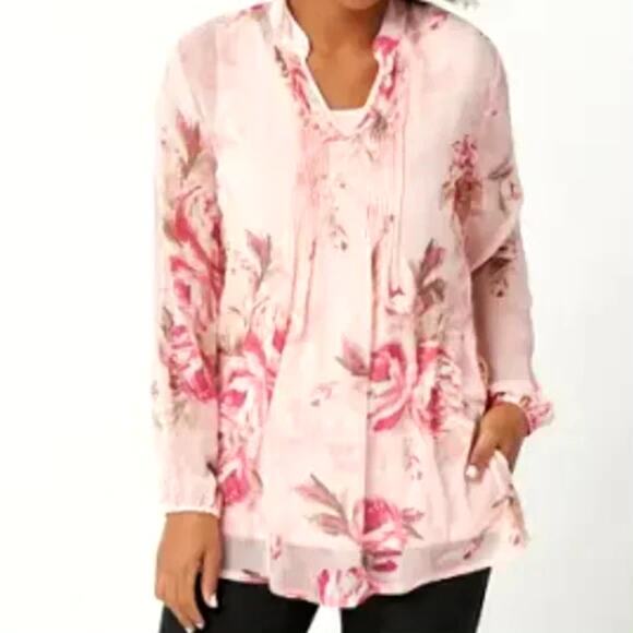 Susan Graver pink sheer chiffon floral tunic blouse womens small old money - Picture 1 of 11